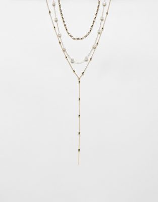 Topshop Nora Pack Of 3 Pearl And Lariat Mixed Necklaces In Gold Tone