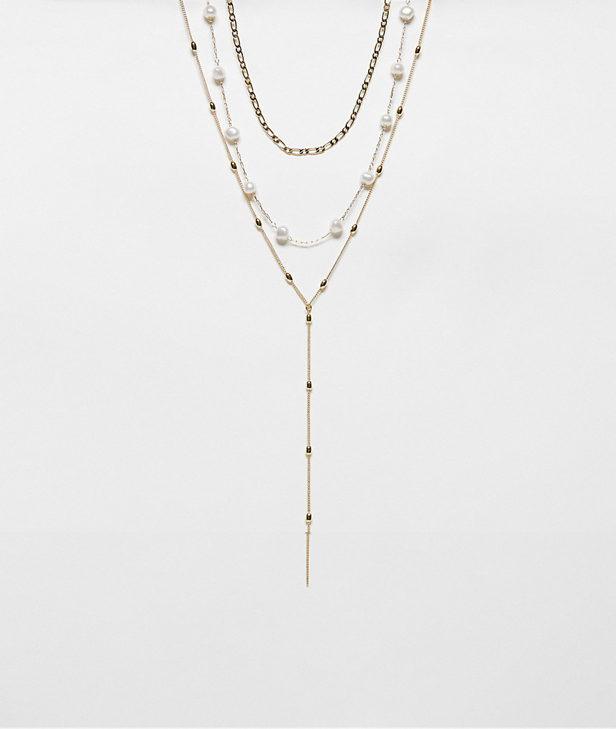 Topshop Nora Pack Of 3 Pearl And Lariat Mixed Necklaces In Gold Tone
