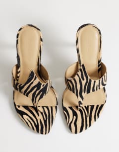 Nora real leather with hair angular high heeled mule sandal in zebra