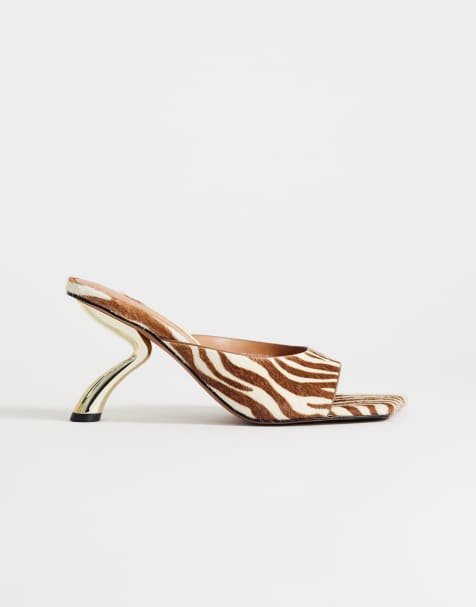 Topshop Nora real leather with hair on angular heeled mule sandals in zebra - view 1