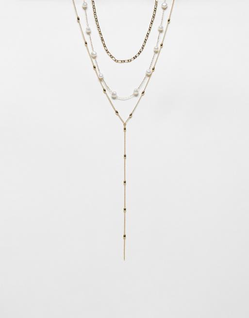 Topshop - Nora - Set van 3 verschillende kettingen met parels en lariat-model in goudkleur