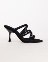 Topshop Nori buckle detail heeled mule in black faux suede