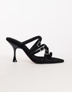 Nori buckle detail heeled mule in black faux suede