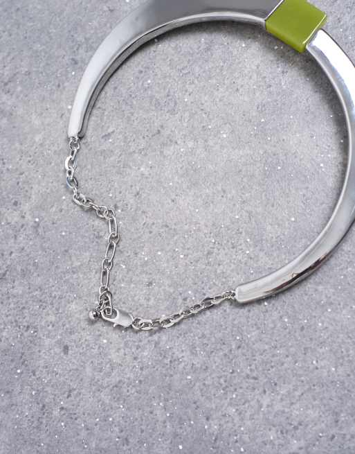 Topshop Nox hoop necklace with semi precious stone in silver & green, 3 of 3