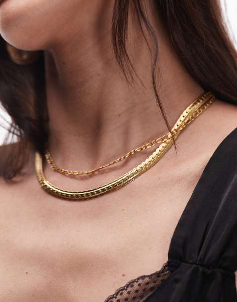Topshop Nyla waterproof stainless steel multirow snake and chain necklace in gold tone - view 1