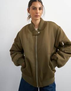 Model wearing Nylon bomber jacket in khaki