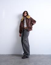 Topshop nylon bomber jacket with a faux fur collar in chocolate