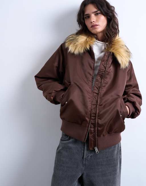 Topshop nylon bomber jacket with a faux fur collar in chocolate, 2 of 4