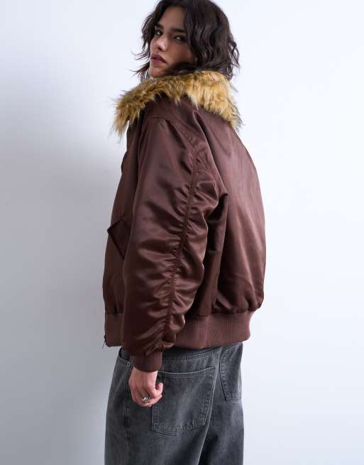 Topshop nylon bomber jacket with a faux fur collar in chocolate, 4 of 4