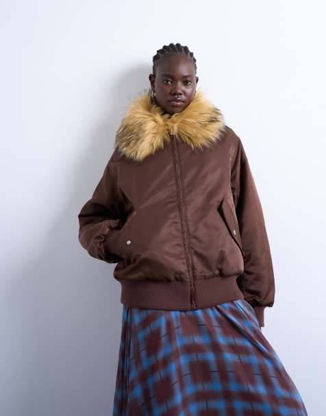 Topshop nylon bomber jacket with faux fur collar in chocolate - view 1