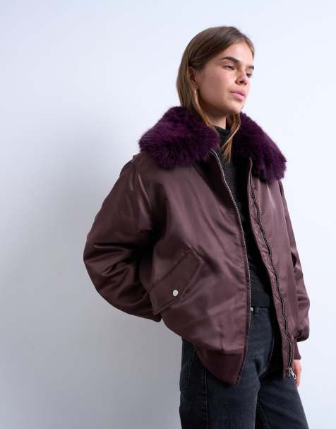 Topshop nylon bomber jacket with faux fur collar in red - view 1