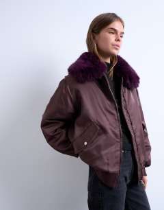 Nylon bomber jacket with faux fur collar in red