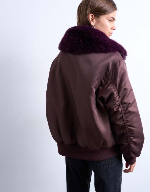 Topshop nylon bomber jacket with faux-fur collar in red