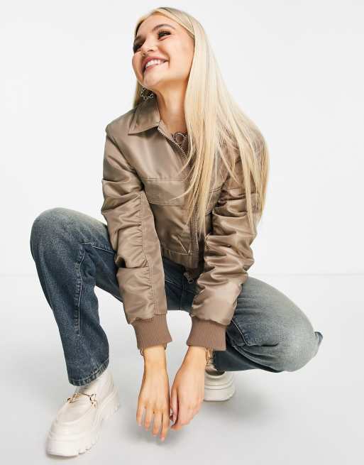 Topshop nylon cropped bomber jacket in taupe