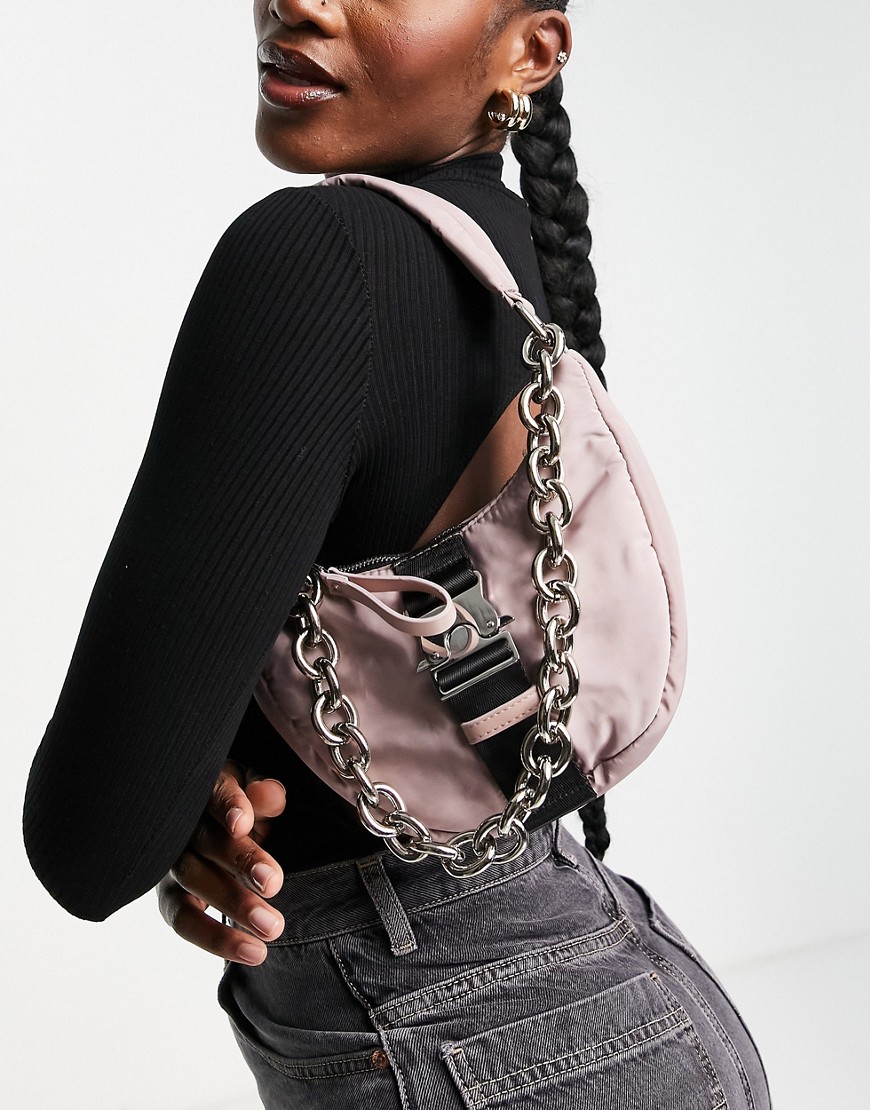Topshop nylon mini shoulder bag with buckle in mauve-Grey