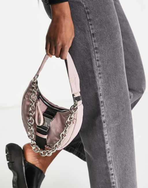 Topshop nylon mini shoulder bag with buckle in mauve