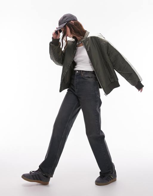 Topshop nylon moto bomber jacket in green, 2 of 4