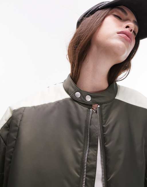 Topshop nylon moto bomber jacket in green, 3 of 4