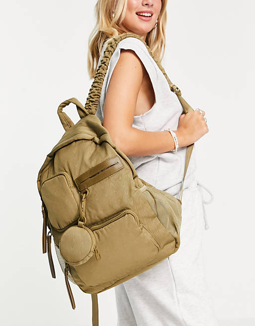 Topshop nylon multi pocket backpack in khaki