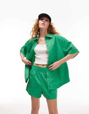 Shop Topshop Nylon Oversized Short Sleeve Shirt Jacket In Green - Part Of A Set