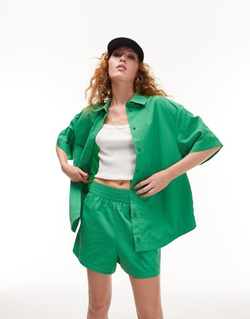 Topshop nylon oversized short sleeve shirt jacket in green