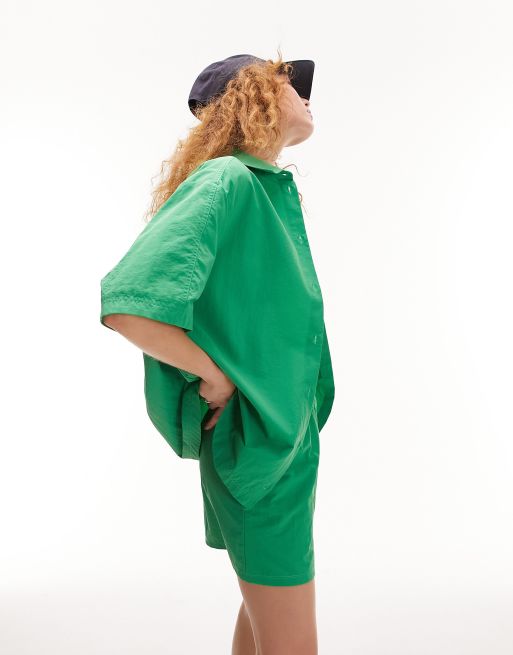 Topshop nylon oversized short sleeve shirt jacket in green