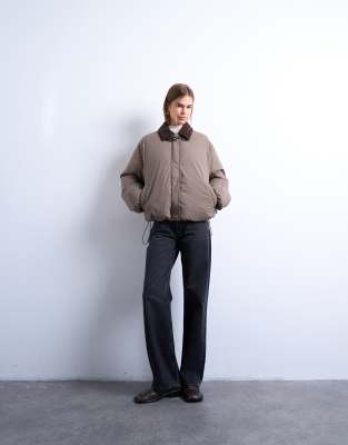 Topshop Nylon Padded Car Coat With Contrast Suedette Collar In Gray