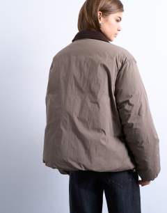 Model wearing Nylon padded car coat with contrast suedette collar in khaki