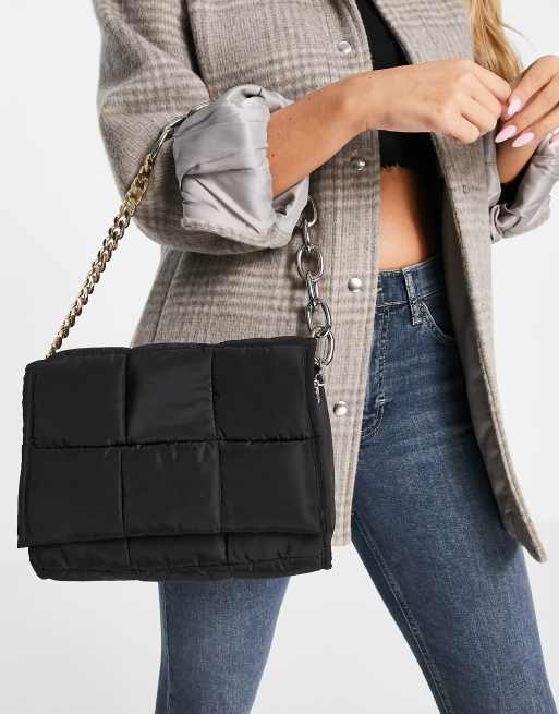 Topshop nylon quilted shoulder bag with chain strap in black | ASOS