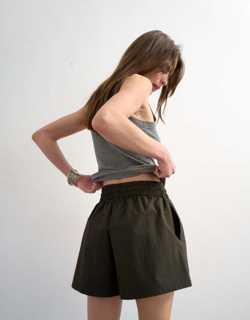 Topshop nylon runner short with insert ties in dark green, 2 of 5