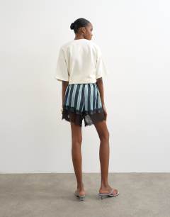 Model wearing Nylon stripe lace boxer short