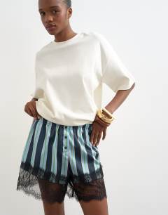 Model wearing Nylon stripe lace boxer short