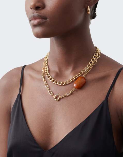 Topshop Oakley ketting van roestvrij staal met meerdere schakels en oranje steen in goud - view 1