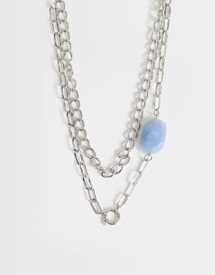 Topshop Oakley Stainless Steel Multi Chain Necklace With Blue Stone In Silver
