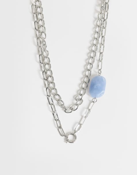 Topshop Oakley stainless steel multi chain necklace with blue stone in silver - view 1