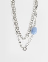 Topshop Oakley stainless steel multi chain necklace with blue stone in silver