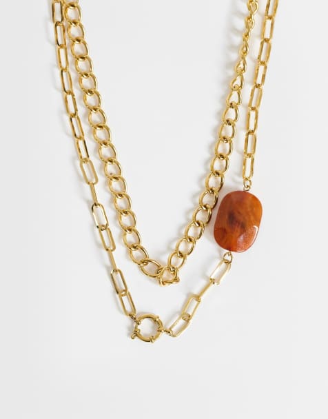 Topshop Oakley stainless steel multi chain necklace with orange stone in gold - view 1