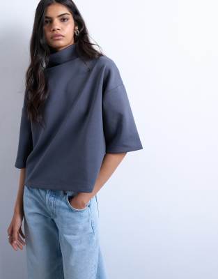 Topshop - Oberteil aus Interlock-Stoff in Anthrazit mit Stehkragen-Grau