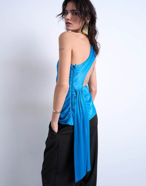 Topshop – Oberteil in Blau mit One-Shoulder-Träger und drapierter Rückseite - view 1