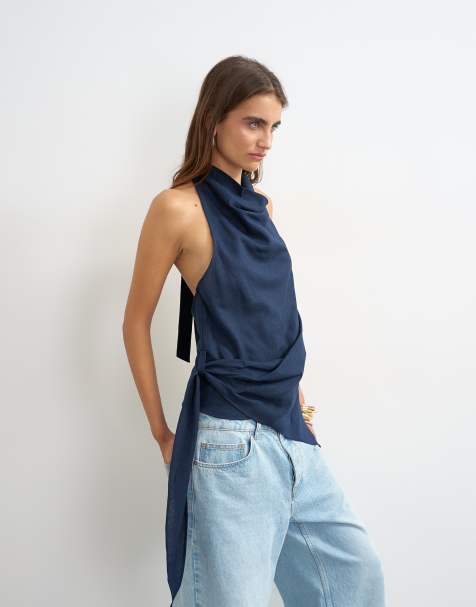 Topshop – Oberteil in Marineblau mit hohem Leinenanteil, Wasserfallausschnitt und Bindedetail - view 1