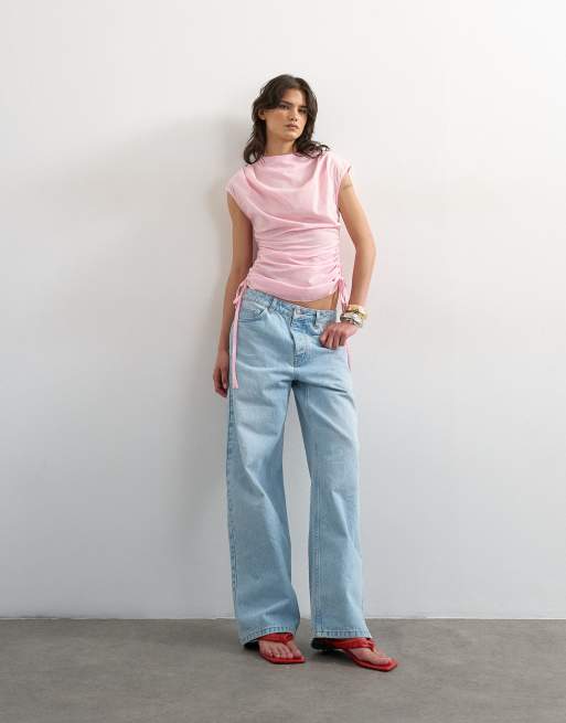 Topshop – Oberteil in Rosa mit seitlicher Raffung und Flügelärmeln, 2 von 4
