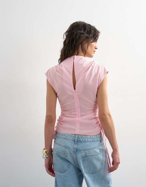 Topshop – Oberteil in Rosa mit seitlicher Raffung und Flügelärmeln, 3 von 4