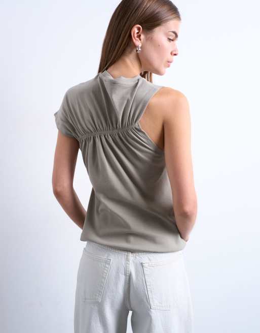 Topshop – Oberteil in Taupe mit geraffter Rückseite und einem Ärmel, 3 von 4