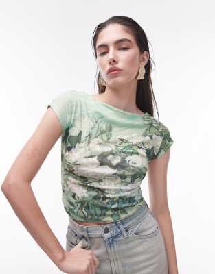 Topshop - Oberteil mit floralem „Van Gogh"-Museumsgrafikprint und Flügelärmeln-Grün