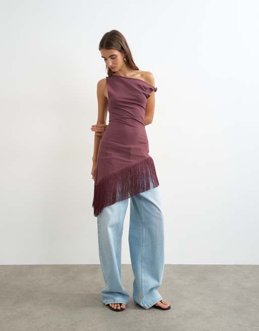 Topshop Oberteil mit Fransen am Saum und asymmetrischem Schnitt in Pflaume, 2 von 4