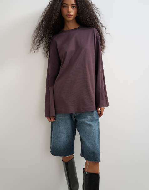 Topshop Oberteil mit Nahtdetails und langen Ärmeln im Skater-Stil in Schokobraun - view 1
