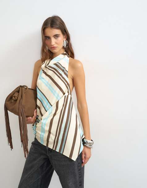 Topshop Oberteil mit Wasserfallausschnitt und Bindedetail in Schokobraun gestreift - view 1