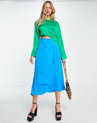 Topshop occasion colour block cut out midi dress in green and cobalt