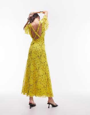 Topshop Occasion Flutter Sleeve Maxi Dress With Back Detail In Yellow Print