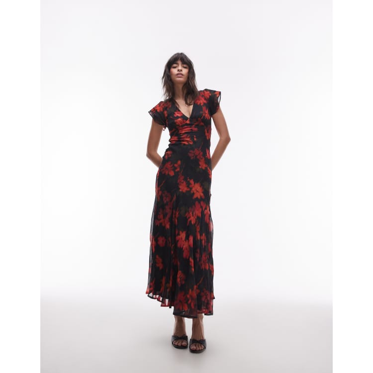 Topshop occasion lace up back maxi dress in black based ditsy floral | ASOS